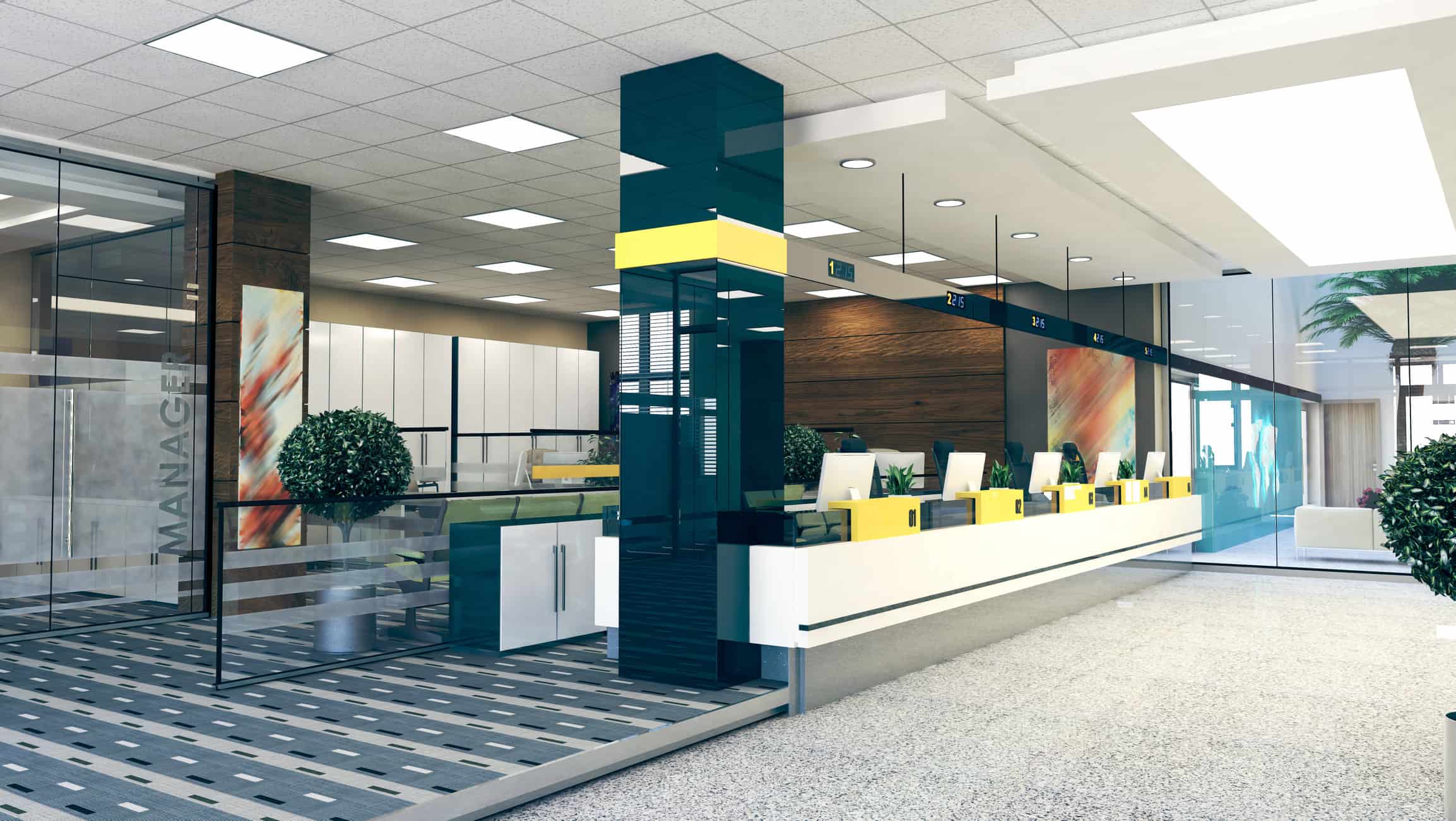 A customer stand with a digital counter in a large open space office, rendered in 3D.