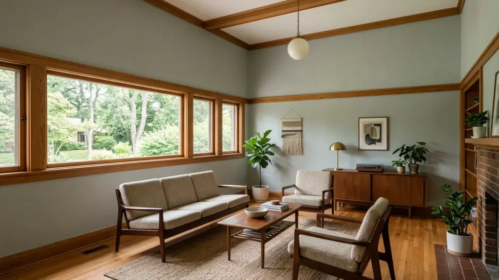 Living room painted soft sage-grey with original wood trim in a Beverly Hills, MI mid-century home