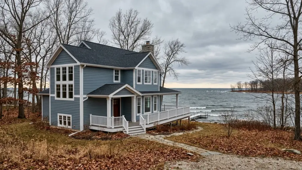 Lakefront home in Lake Orion, MI with blue-grey painted siding and white trim in late autumn