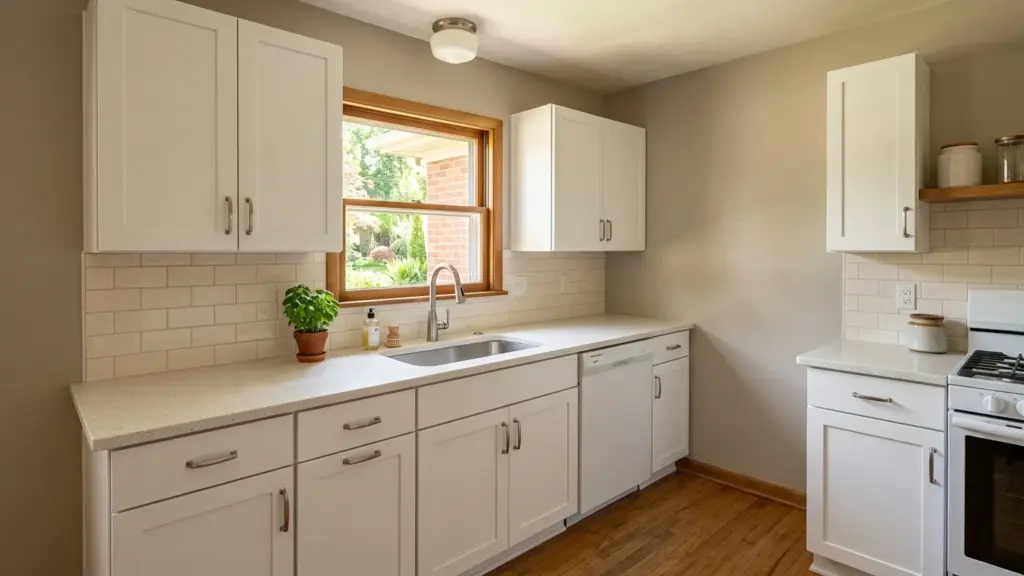 Refinished white kitchen cabinets with brushed nickel hardware in a 1950s Madison Heights, MI ranch