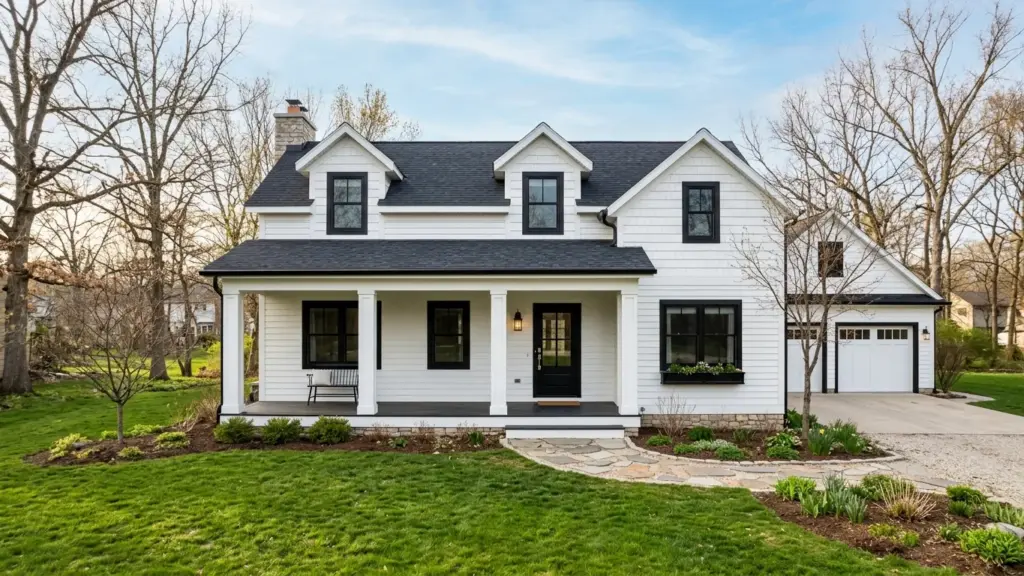 Freshly painted white farmhouse exterior with black window trim in Romeo, MI