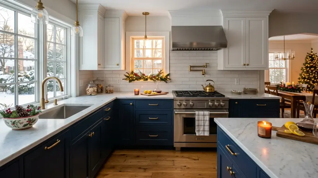 Refinished kitchen with navy lower cabinets and white uppers in a Troy, MI colonial