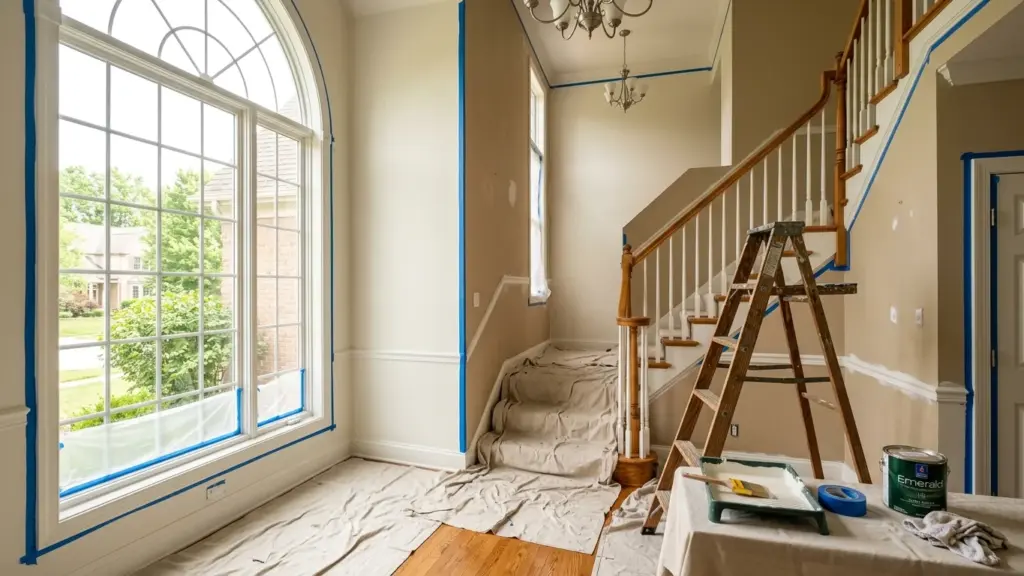 Interior of a Troy, MI colonial mid-repaint, with drop cloths down and trim taped off