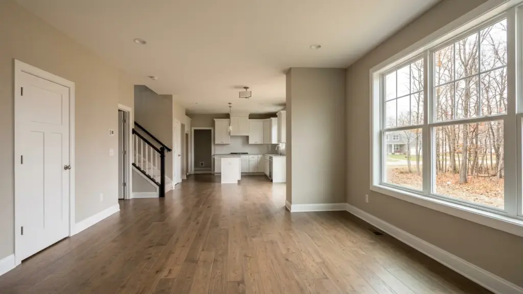 Freshly painted open-plan living room with warm greige walls in a new-build Washington Township, MI home
