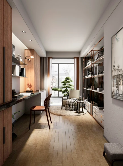 Narrow home office with warm wood shelving and white walls